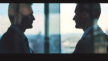 business, people and teamwork concept - close up of two businessmen talking in officeの写真素材