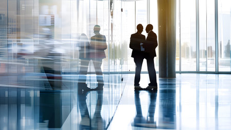 Silhouettes of business people in the lobby of a modern office buildingの写真素材