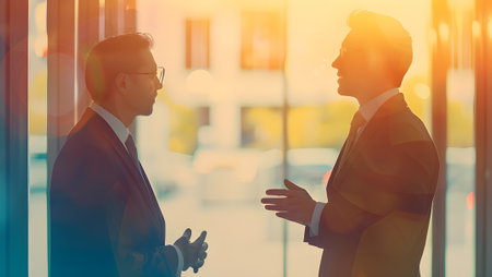 Two business people talk project strategy at office meeting room. Businessman discuss project planning with colleague at modern workplace while having conversation and advice on financial data report.の写真素材