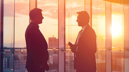 Silhouette of two business people standing in an office building at sunsetの写真素材