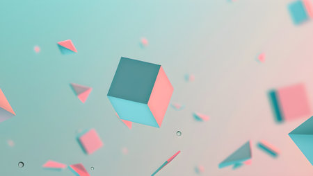 Abstract 3d rendering of chaotic geometric shapes. Flying debris in empty space. Futuristic background with vibrant colors.の写真素材