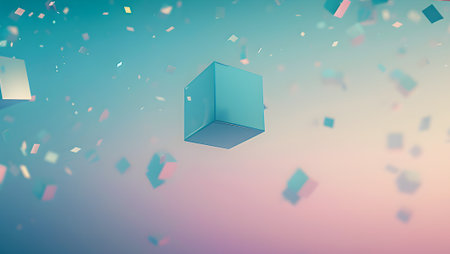 3d illustration of blue cube floating in the air with confettiの写真素材