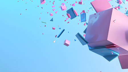 3d rendering of abstract geometric composition with flying cubes in empty space