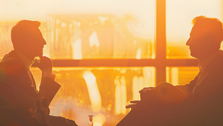 Silhouette of two people sitting at a table in a cafeの写真素材