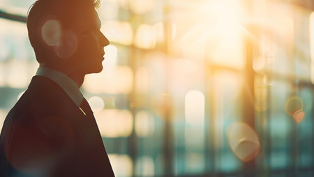 Silhouette of a businessman on the background of the business centerの写真素材