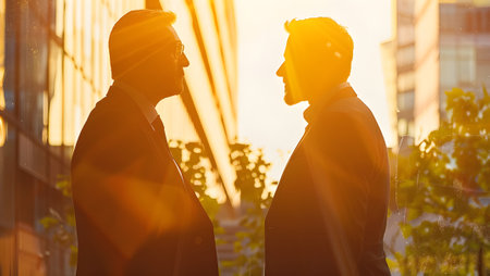 Two business men talking on the street in the city at sunset.の写真素材