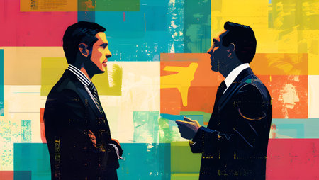 Two business people talking over abstract colorful background. Pop art collage.