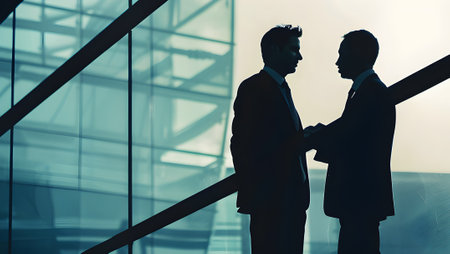 Silhouette of two businessmen shaking hands in an office building.の写真素材