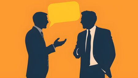 Businessman talking to another with speech bubble on orange background, vector illustration