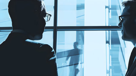 Businessman and businesswoman talking in office. Double exposure. Teamwork concept