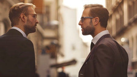 Two businessmen talking in a city street. Side view of two young businessmen talking outdoors.の写真素材