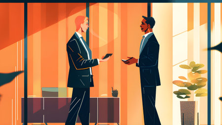 Two businessmen talking in the office. Vector illustration in a flat style