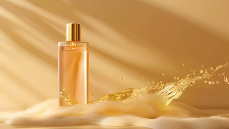 3d render of cosmetic bottle with splashes on beige backgroundの写真素材