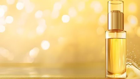 Mockup of a bottle of perfume on a golden background.の写真素材