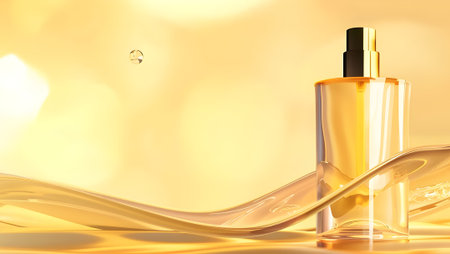 Cosmetic bottle on golden background. 3D illustration. Mock up.の写真素材