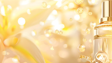 Cosmetic branding, glamour lip gloss and shopping sale concept - Luxury perfume bottle and lily flower on golden holiday background, make-up and cosmetics product for luxury beauty brand adsの写真素材