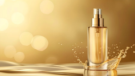 Mockup bottle of perfume on golden background. 3D illustrationの写真素材