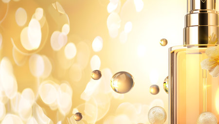 Perfume bottle on golden bokeh background, 3d renderの写真素材