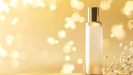 Cosmetic bottle mockup on golden bokeh background. 3D illustrationの写真素材