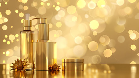 Cosmetic products on golden bokeh background. 3d illustrationの写真素材