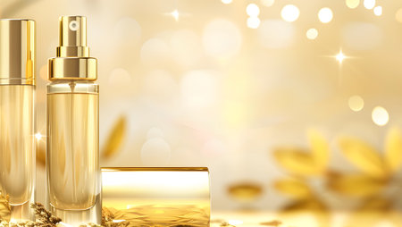 Cosmetic product ads template. 3D illustration. Golden bokeh background.の写真素材