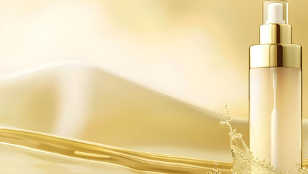 Cosmetic bottle on golden silk background. 3d render illustration.の写真素材