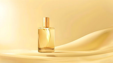 Perfume bottle on golden silk background. 3d render illustrationの写真素材