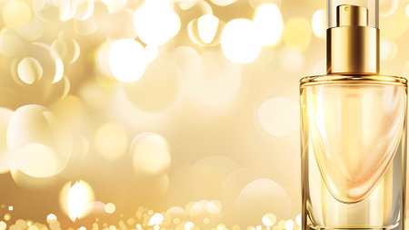 Perfume bottle on golden bokeh background. 3d illustrationの写真素材