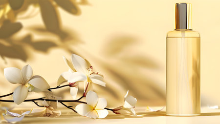 Cosmetic bottle with white orchid flowers on yellow background. 3d renderingの写真素材