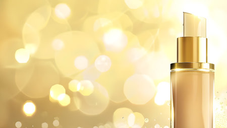 Cosmetic bottle on golden bokeh background. 3d illustrationの写真素材