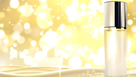 Cosmetic bottle ads template. 3D illustration. Golden bokeh background.の写真素材
