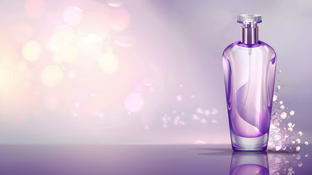 Violet perfume bottle on bokeh background, 3d illustrationの写真素材