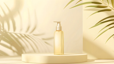 3d render of cosmetic bottle on white podium with palm leaf shadow.の写真素材