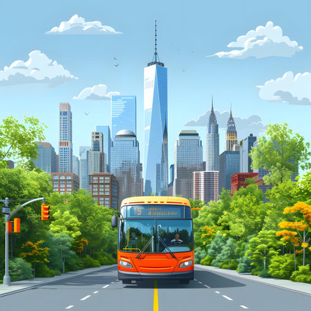 Bus on the road to New York City, USA. Vector illustrationの写真素材