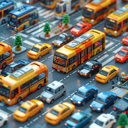 Traffic jam with cars and buses. 3d render illustration.