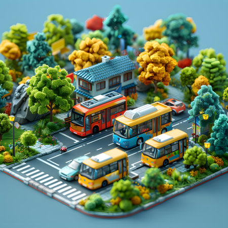 Miniature city with bus and school bus. 3d illustration.の写真素材