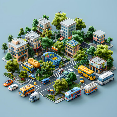 City isometric concept with cars, buses and trees on a blue backgroundの写真素材