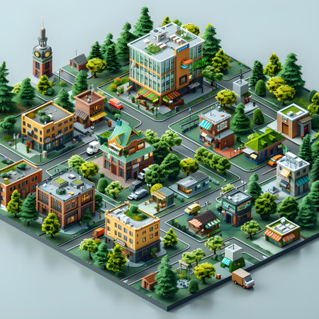 Isometric city landscape with buildings, roads and houses. 3d vector illustration.の写真素材