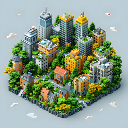 Modern city isometric composition with buildings, skyscrapers and green treesの写真素材