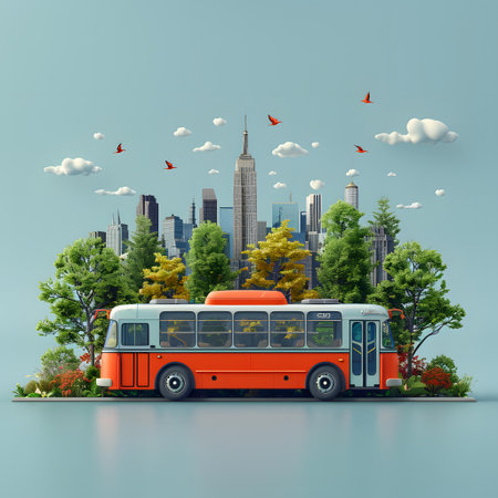 Modern bus in the city with trees and birds. 3d renderingの写真素材