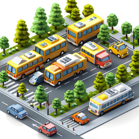 Isometric bus station with cars and buses on the road. Vector illustration.の写真素材