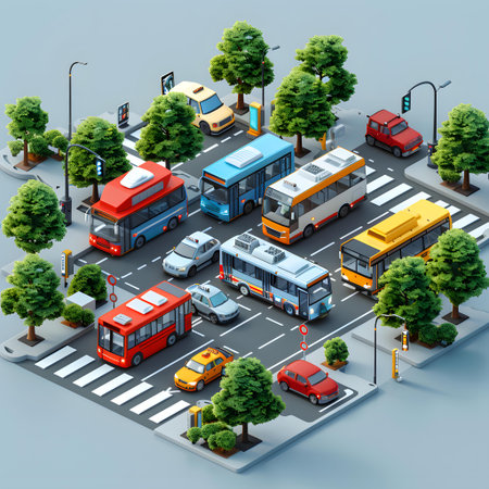 City traffic isometric composition with cars and buses on city street vector illustrationの写真素材