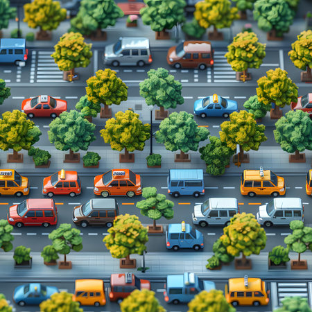 City street with cars and trucks. 3d illustration. Seamless pattern.