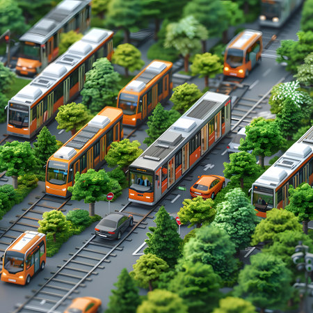 3d illustration of a miniature city with trains, cars and treesの写真素材