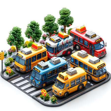 3d illustration of a bus stop with cars and trees on a white backgroundの写真素材