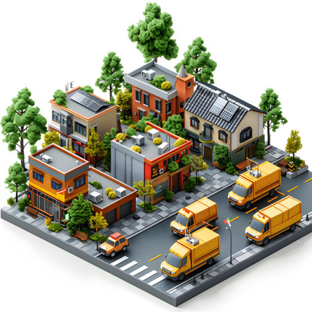 Isometric city with cars and houses on a white background. 3d renderingの写真素材