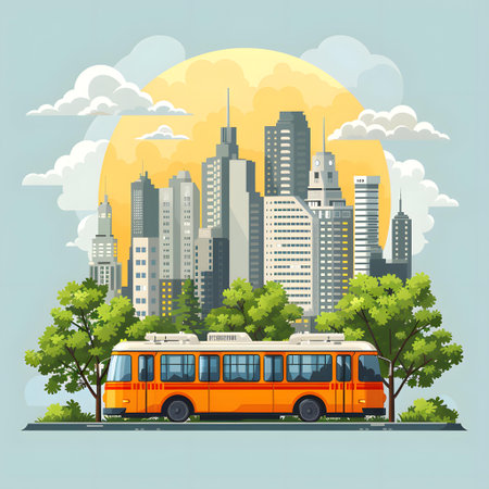 City landscape with bus and skyscrapers. Vector illustration in flat styleの写真素材