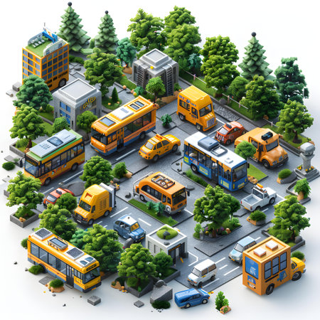 School bus station isometric composition with green trees and yellow buses on white background 3d illustrationの写真素材