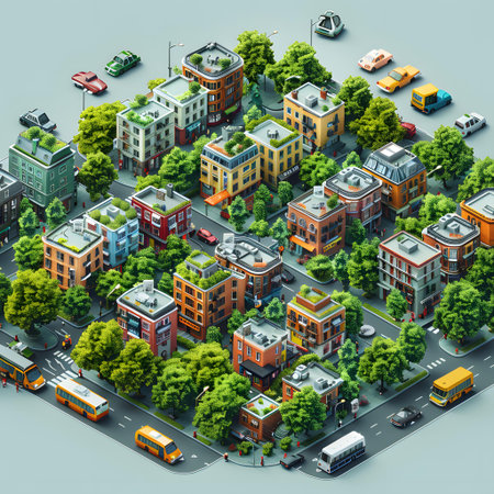 City isometric view with houses, roads and cars. 3d renderingの写真素材