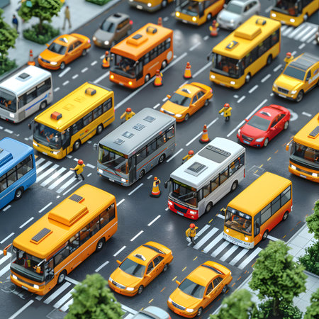 Aerial view of a city street with traffic and buses. 3d renderingの写真素材